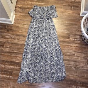 Navy blue strapless maxi dress